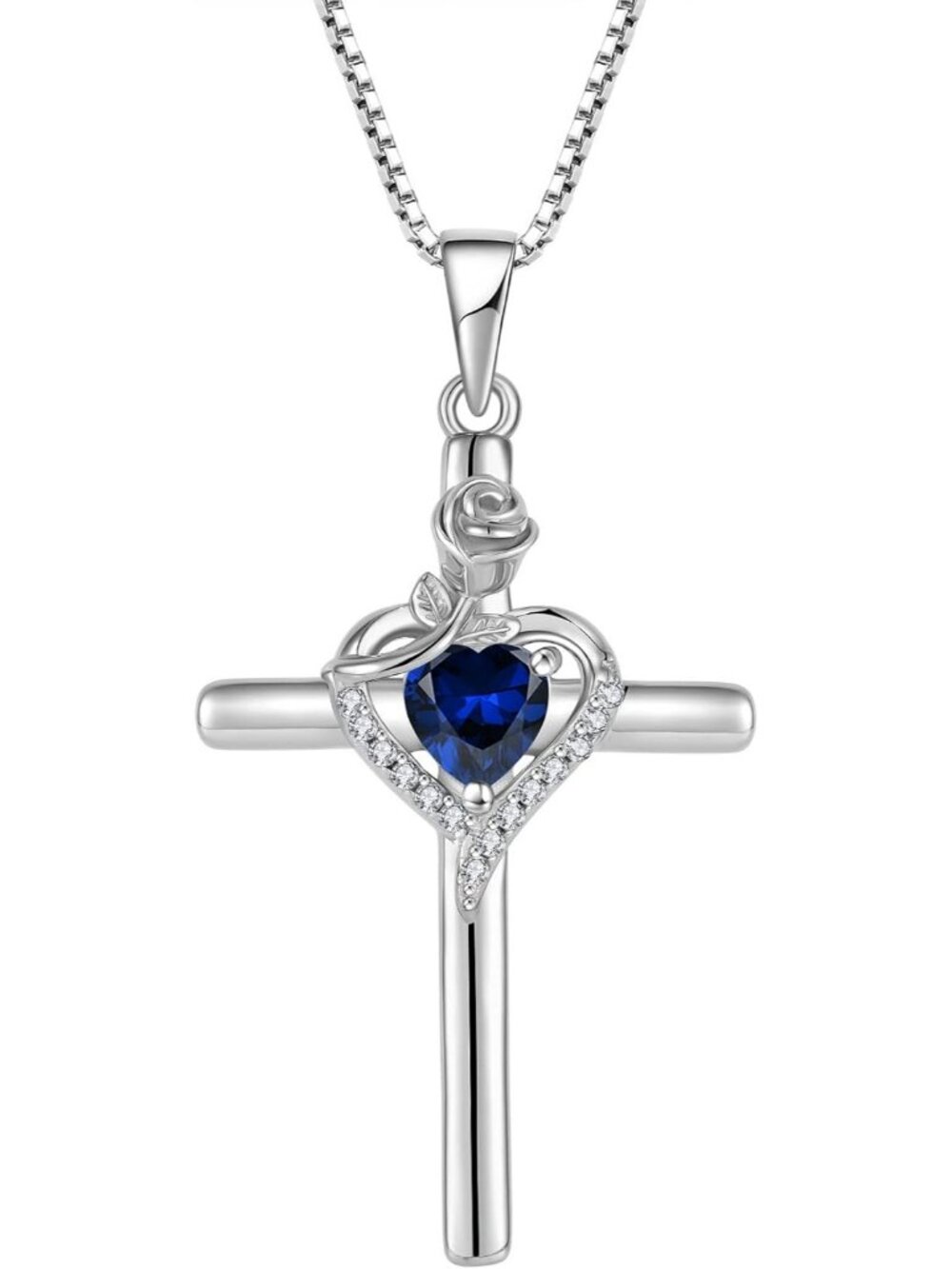 Women’s Blue 925 Sterling Silver Cross Rose Flower Birthstone Fashion Necklaces